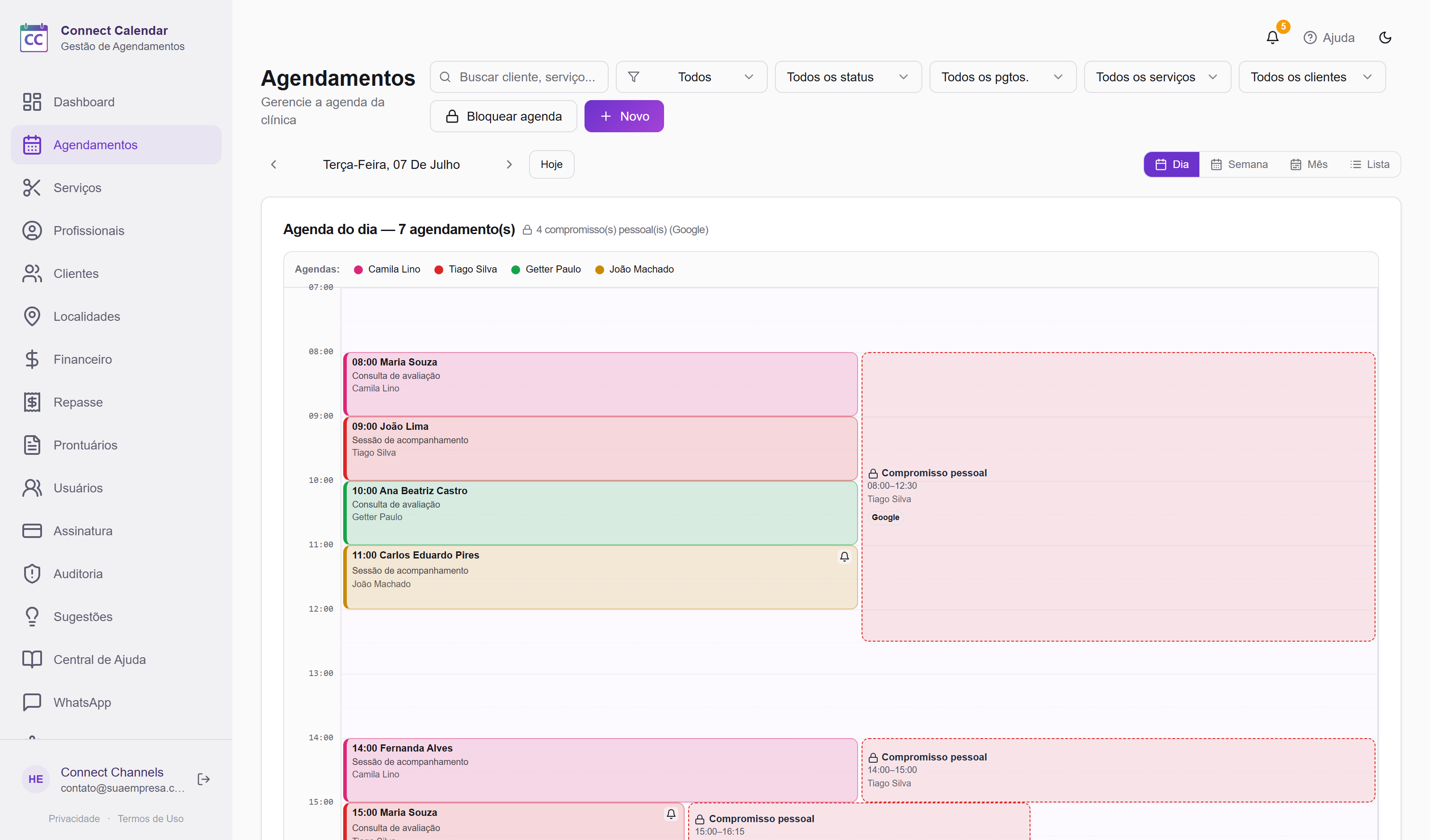 Tela real do Connect Calendar mostrando a agenda do dia, profissionais e compromissos